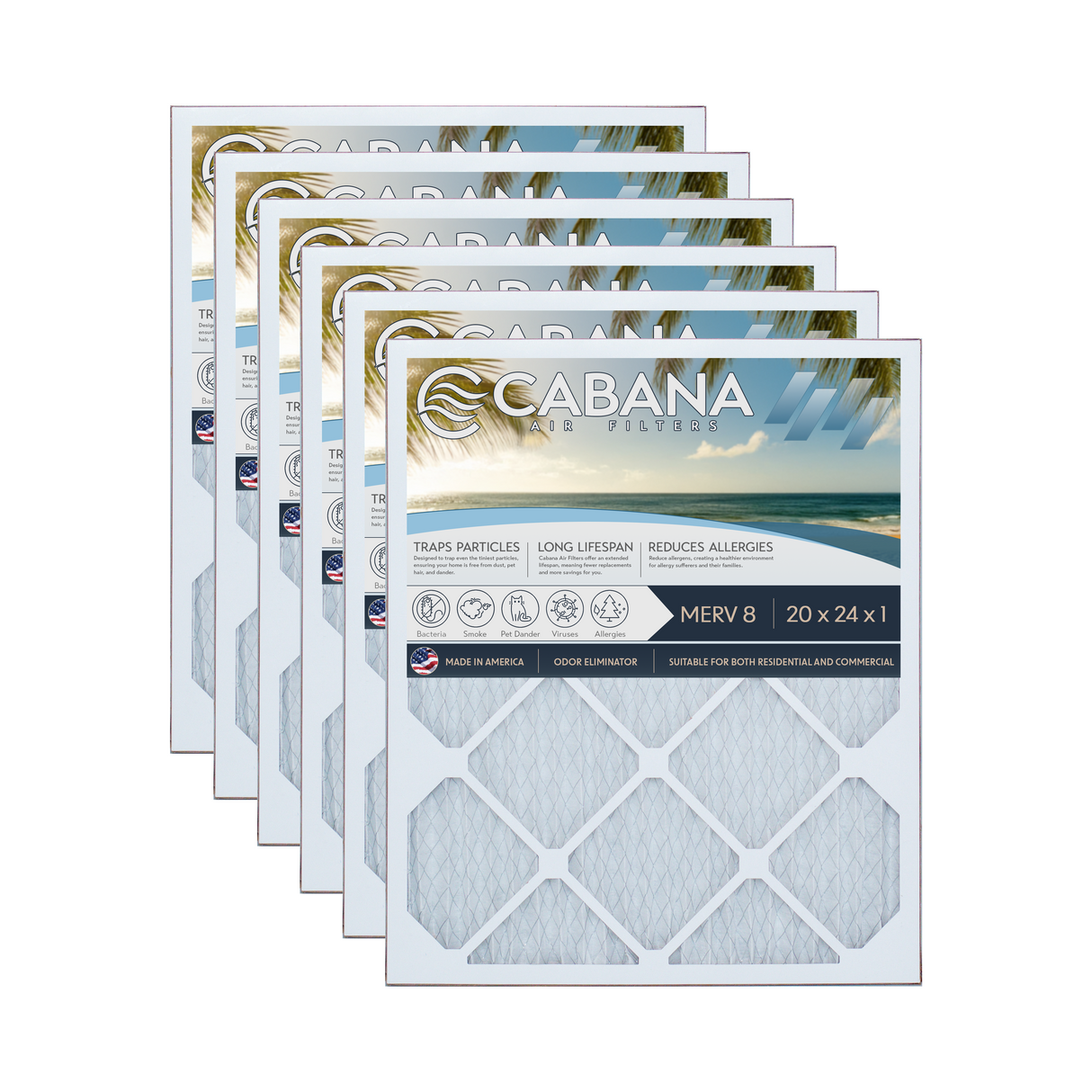 Cabana Filters 20x24x1 AC Furnace Air Filter Capture Unwanted Particles, Pleated Furnace Filter HVAC AC Filters - Made in the USA - 6 Pack