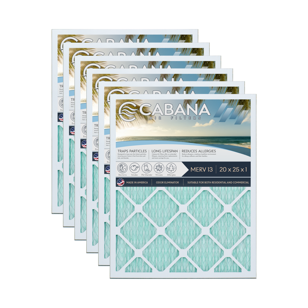 Cabana Filters 20x25x1 AC Furnace Air Filter Capture Unwanted Particles, Pleated Furnace Filter HVAC AC Filters - Made in the USA - 6 Pack