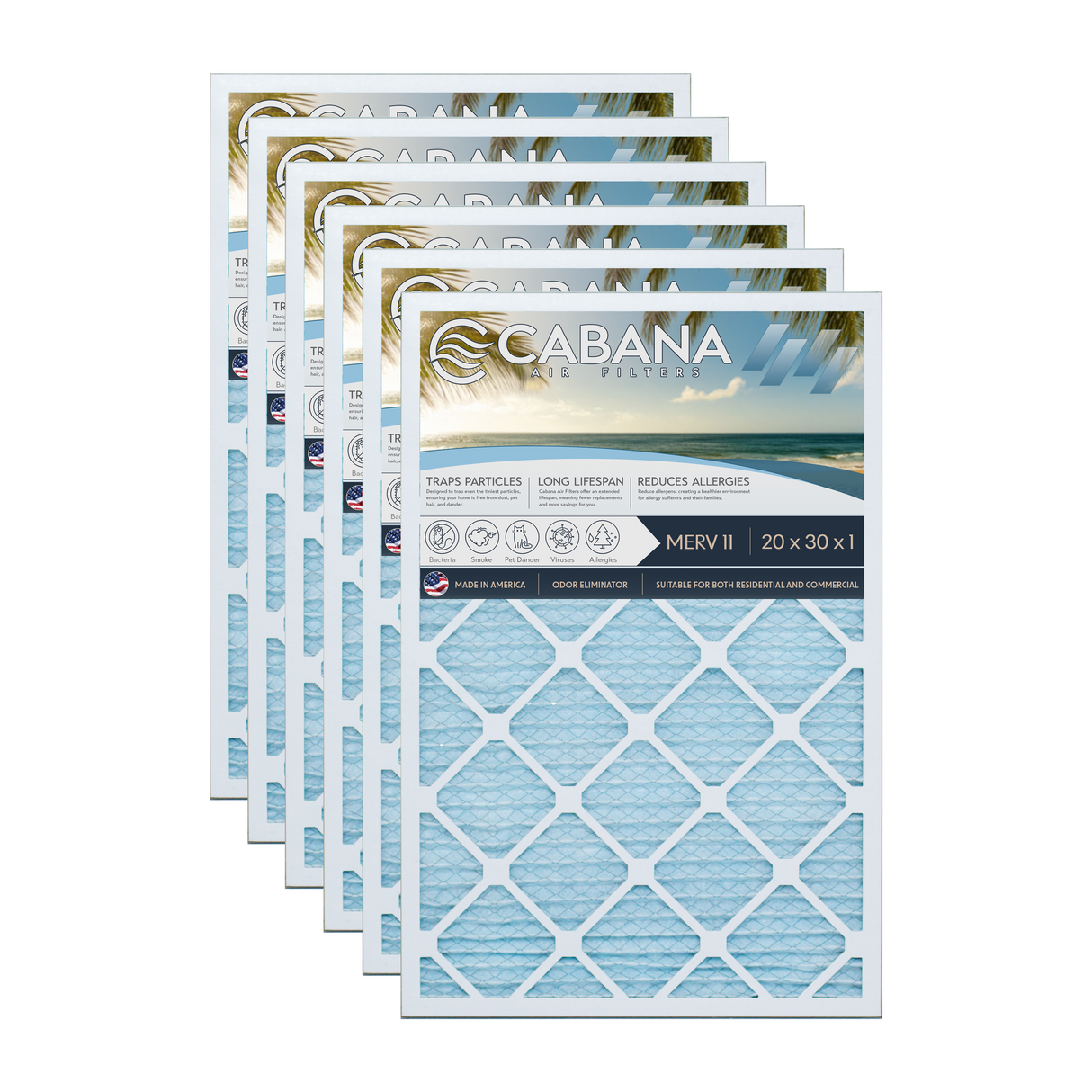 Cabana Filters 20x30x1 AC Furnace Air Filter Capture Unwanted Particles, Pleated Furnace Filter HVAC AC Filters - Made in the USA - 6 Pack