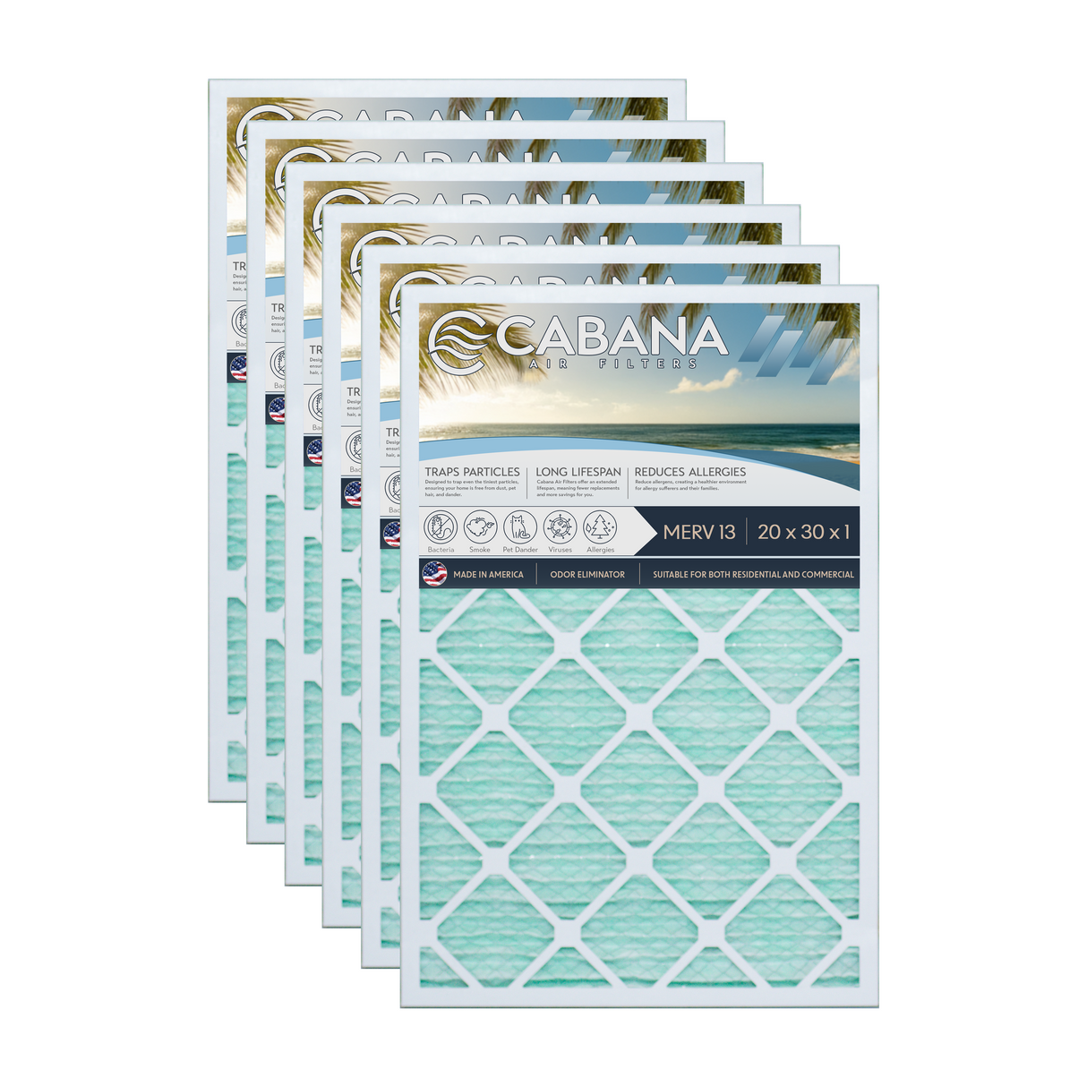 Cabana Filters 20x30x1 AC Furnace Air Filter Capture Unwanted Particles, Pleated Furnace Filter HVAC AC Filters - Made in the USA - 6 Pack