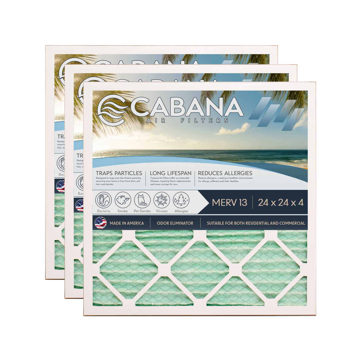 Cabana Filters 24x24x4 AC Furnace Air Filter Capture Unwanted Particles, Pleated Furnace Filter HVAC AC Filters - Made in the USA - 3 Pack