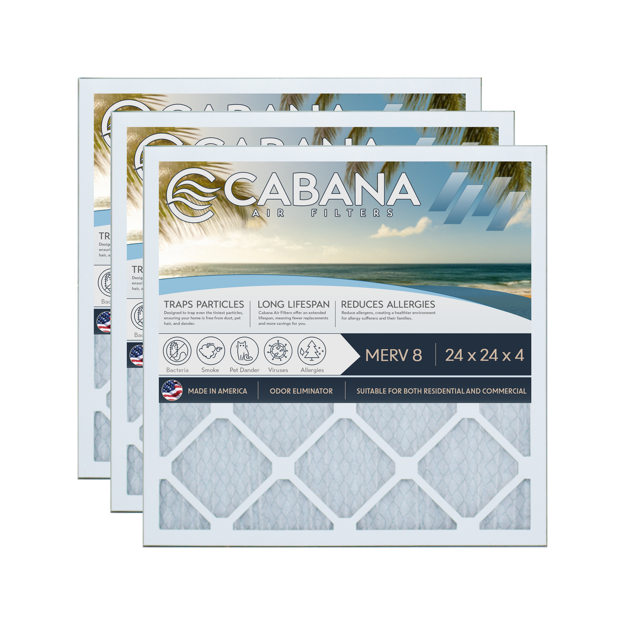 Cabana Filters 24x24x4 AC Furnace Air Filter Capture Unwanted Particles, Pleated Furnace Filter HVAC AC Filters - Made in the USA - 3 Pack