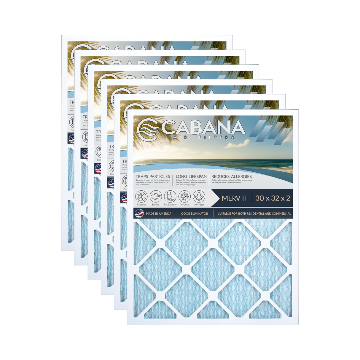 Cabana Filters 30x32x2 AC Furnace Air Filter Capture Unwanted Particles, Pleated Furnace Filter HVAC AC Filters - Made in the USA - 6 Pack