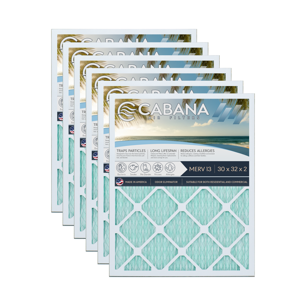 Cabana Filters 30x32x2 AC Furnace Air Filter Capture Unwanted Particles, Pleated Furnace Filter HVAC AC Filters - Made in the USA - 6 Pack