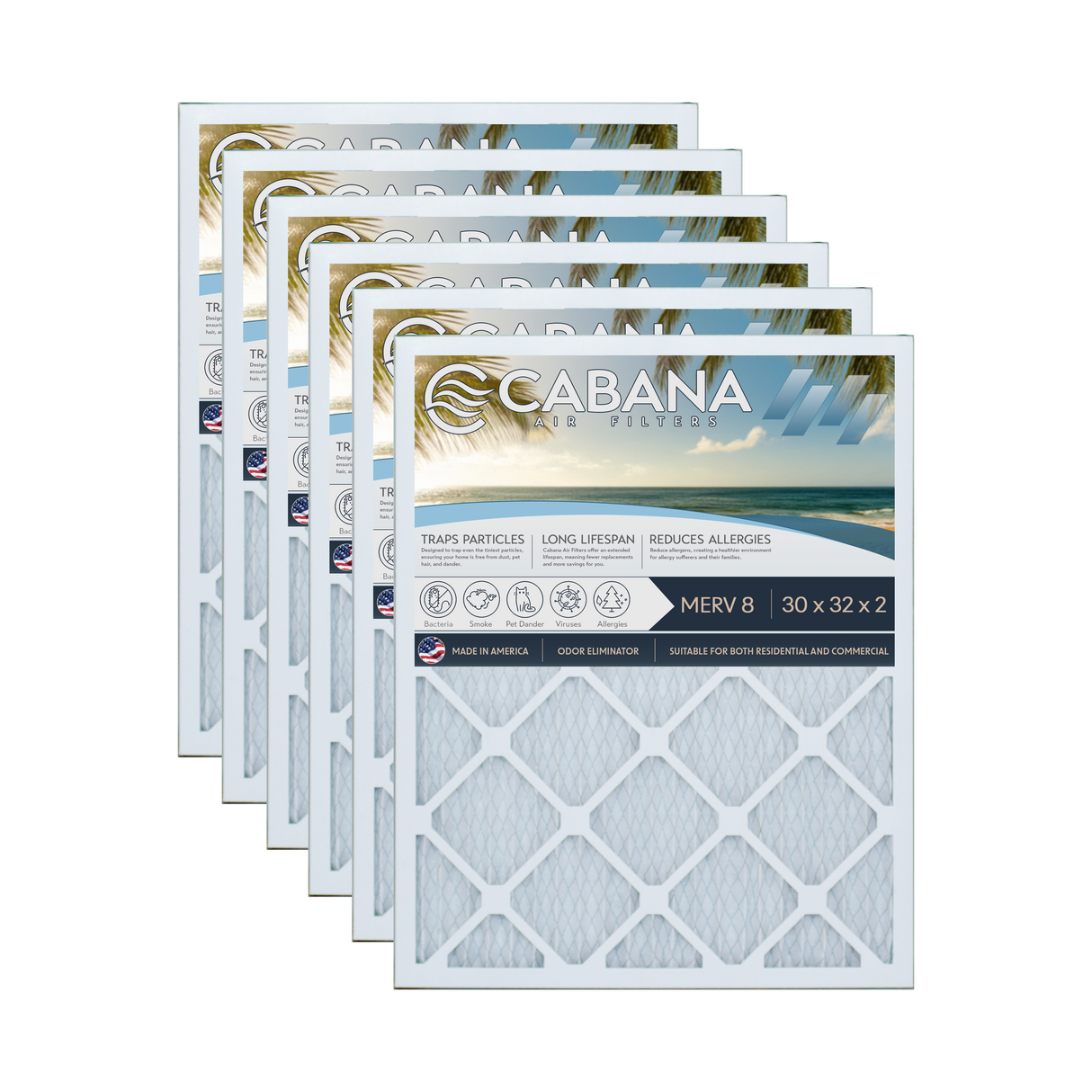 Cabana Filters 30x32x2 AC Furnace Air Filter Capture Unwanted Particles, Pleated Furnace Filter HVAC AC Filters - Made in the USA - 6 Pack