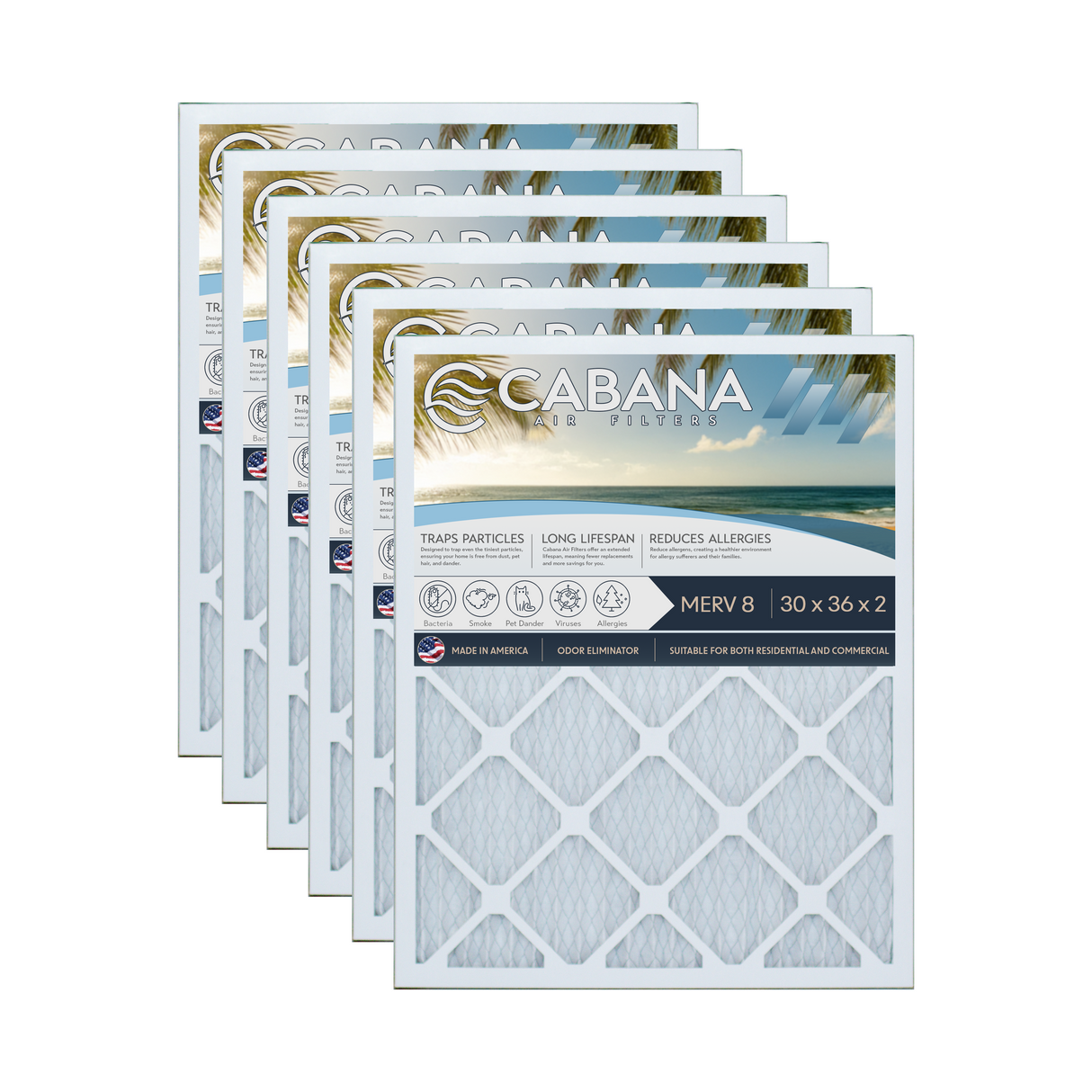 Cabana Filters 30x36x2 AC Furnace Air Filter Capture Unwanted Particles, Pleated Furnace Filter HVAC AC Filters - Made in the USA - 6 Pack