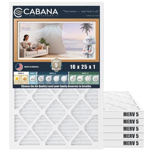 Cabana MERV 5 air filter, 16 x 25 x 1 in, 6-pack