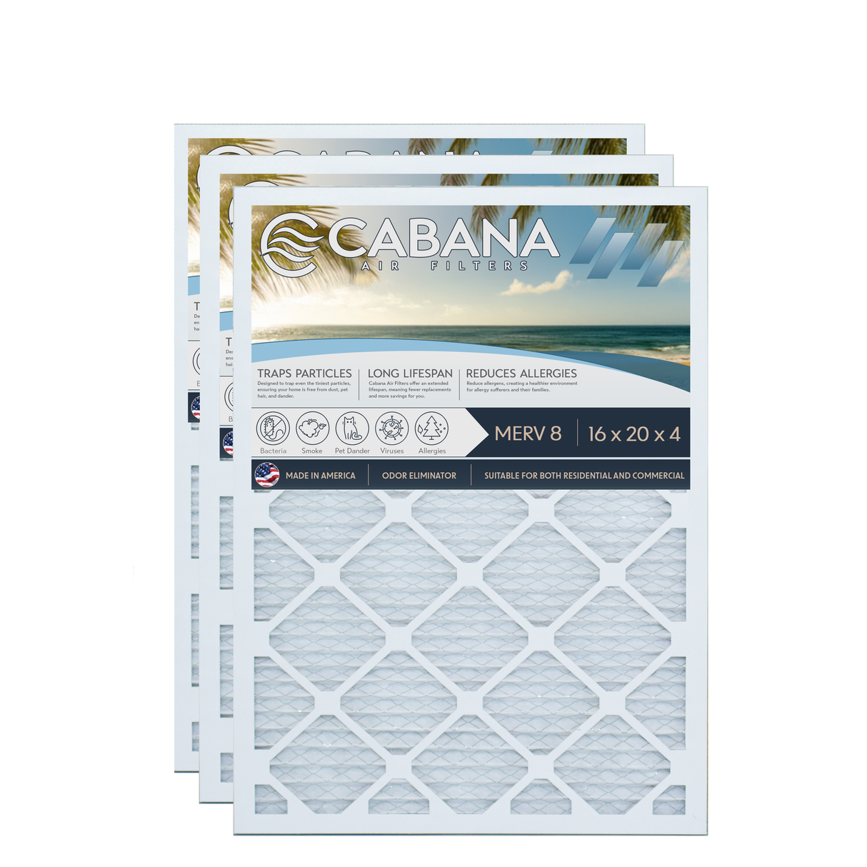 Cabana Filters 16x20x4 AC Furnace Air Filter Capture Unwanted Particles, Pleated Furnace Filter HVAC AC Filters - Made in the USA - 3 Pack