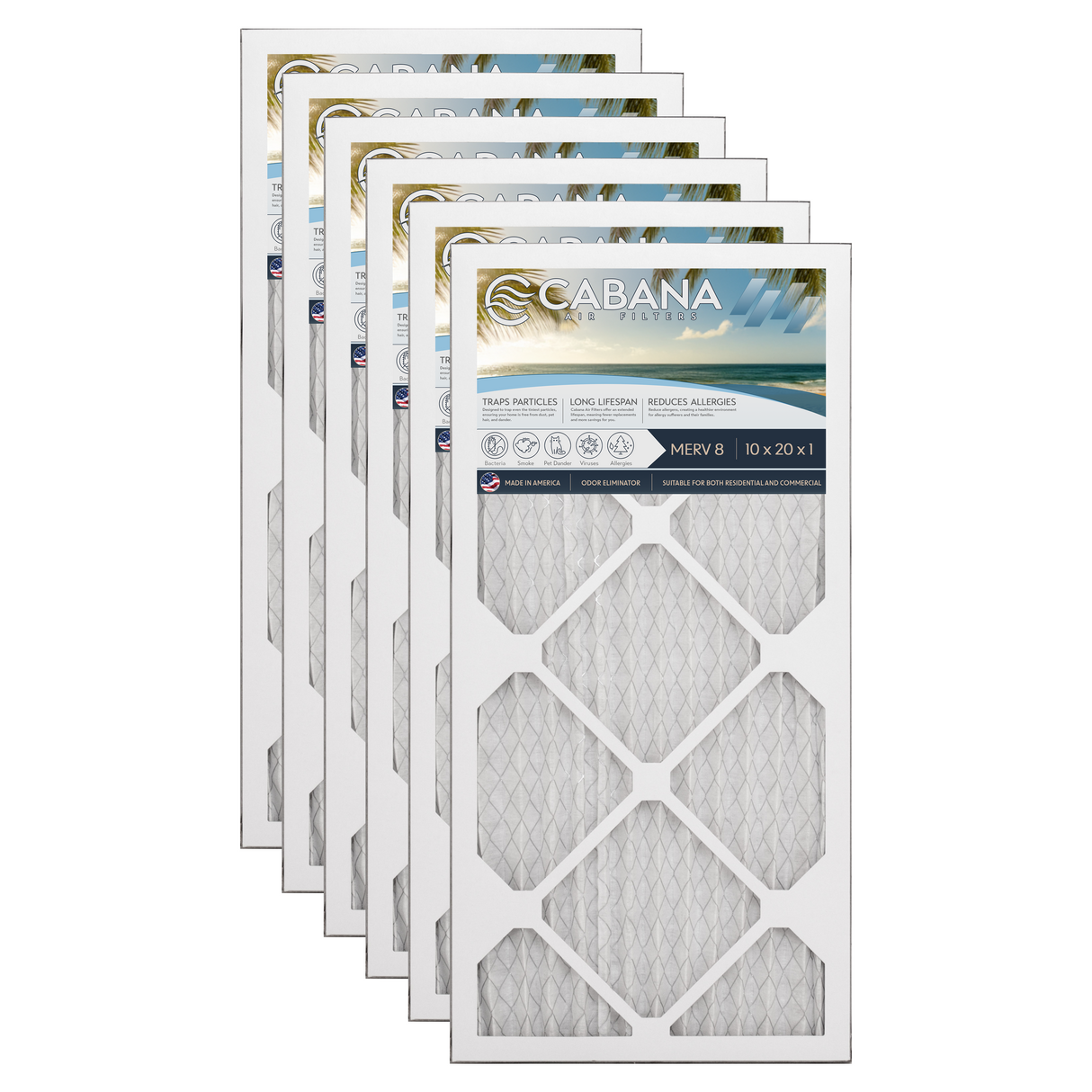 Cabana Filters 10x20x1 AC Furnace Air Filter Capture Unwanted Particles, Pleated Furnace Filter HVAC AC Filters - Made in the USA - 6 Pack