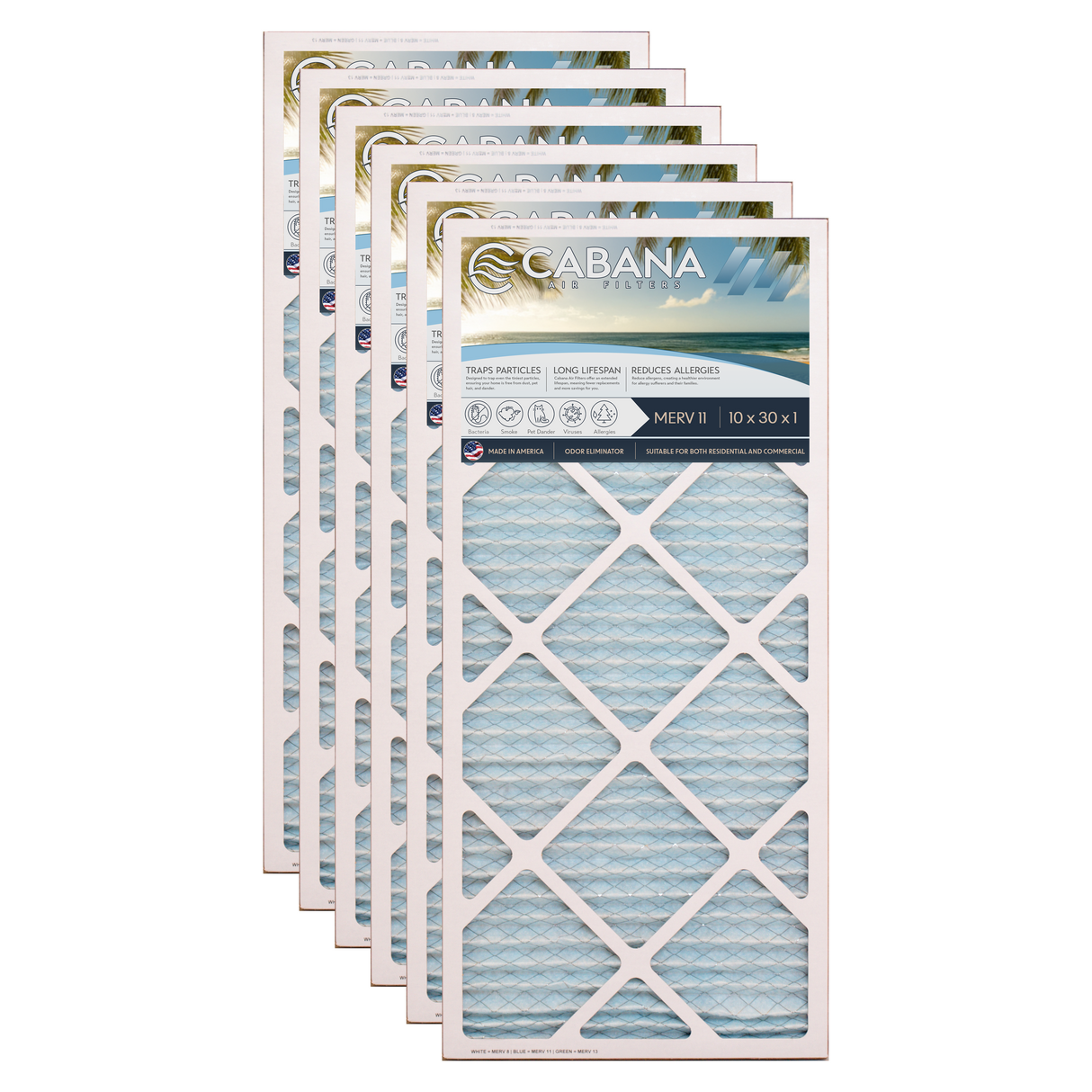 Cabana Filters 10x30x1 AC Furnace Air Filter Capture Unwanted Particles, Pleated Furnace Filter HVAC AC Filters - Made in the USA - 6 Pack