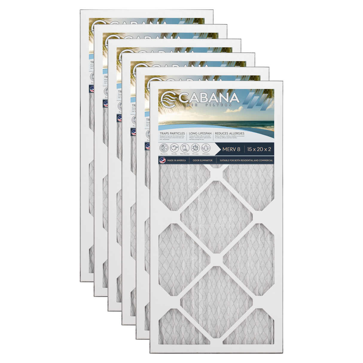 Cabana Filters 15x20x2 AC Furnace Air Filter Capture Unwanted Particles, Pleated Furnace Filter HVAC AC Filters - Made in the USA - 6 Pack