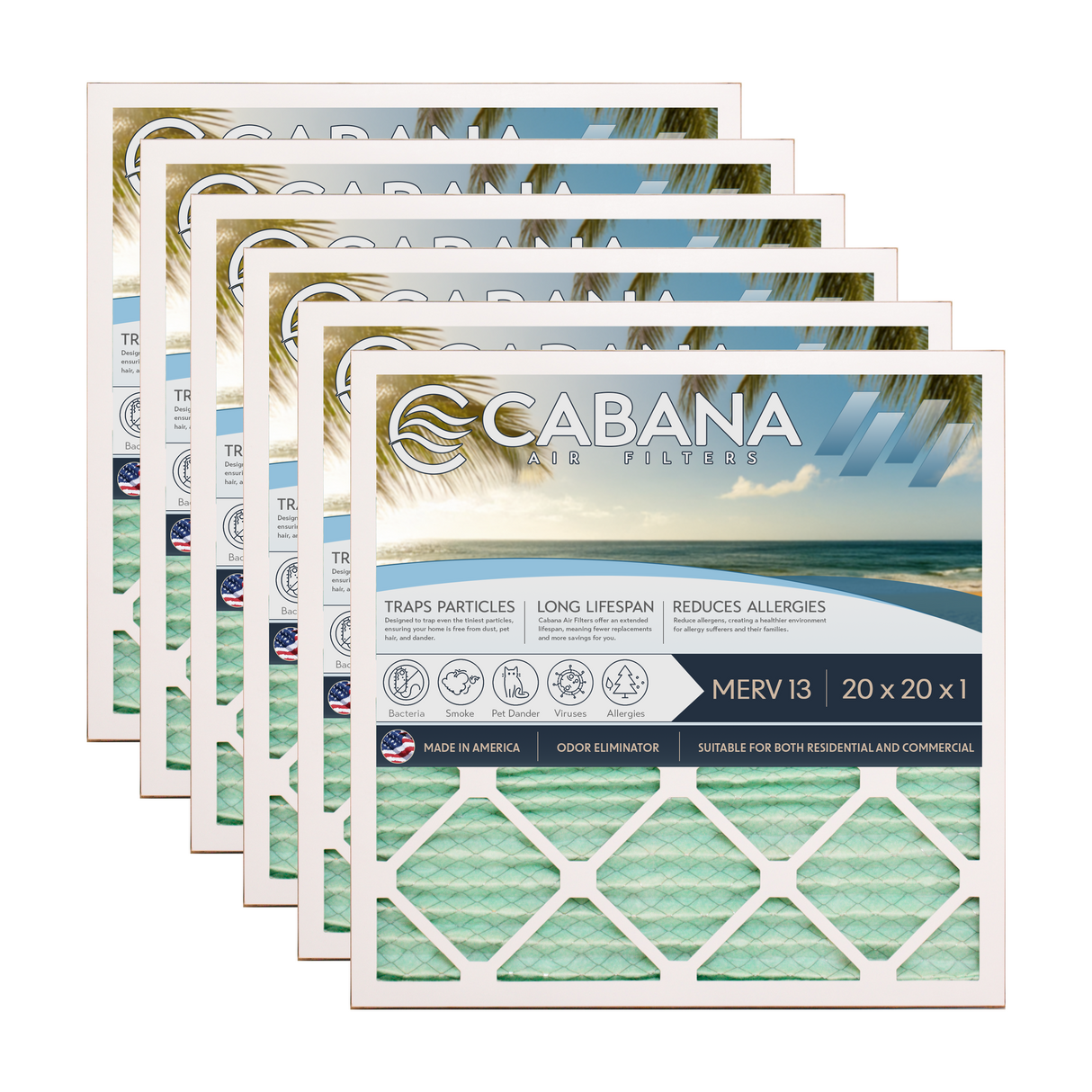 Cabana Filters 20x20x1 AC Furnace Air Filter Capture Unwanted Particles, Pleated Furnace Filter HVAC AC Filters - Made in the USA - 6 Pack