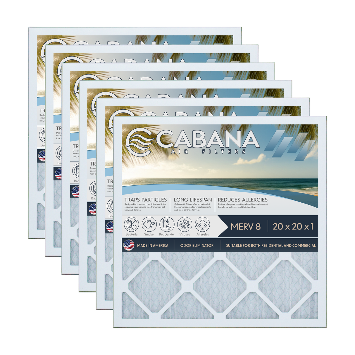 Cabana Filters 20x20x1 AC Furnace Air Filter Capture Unwanted Particles, Pleated Furnace Filter HVAC AC Filters - Made in the USA - 6 Pack