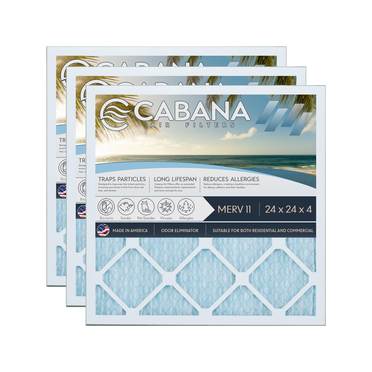 Cabana Filters 24x24x4 AC Furnace Air Filter Capture Unwanted Particles, Pleated Furnace Filter HVAC AC Filters - Made in the USA - 3 Pack