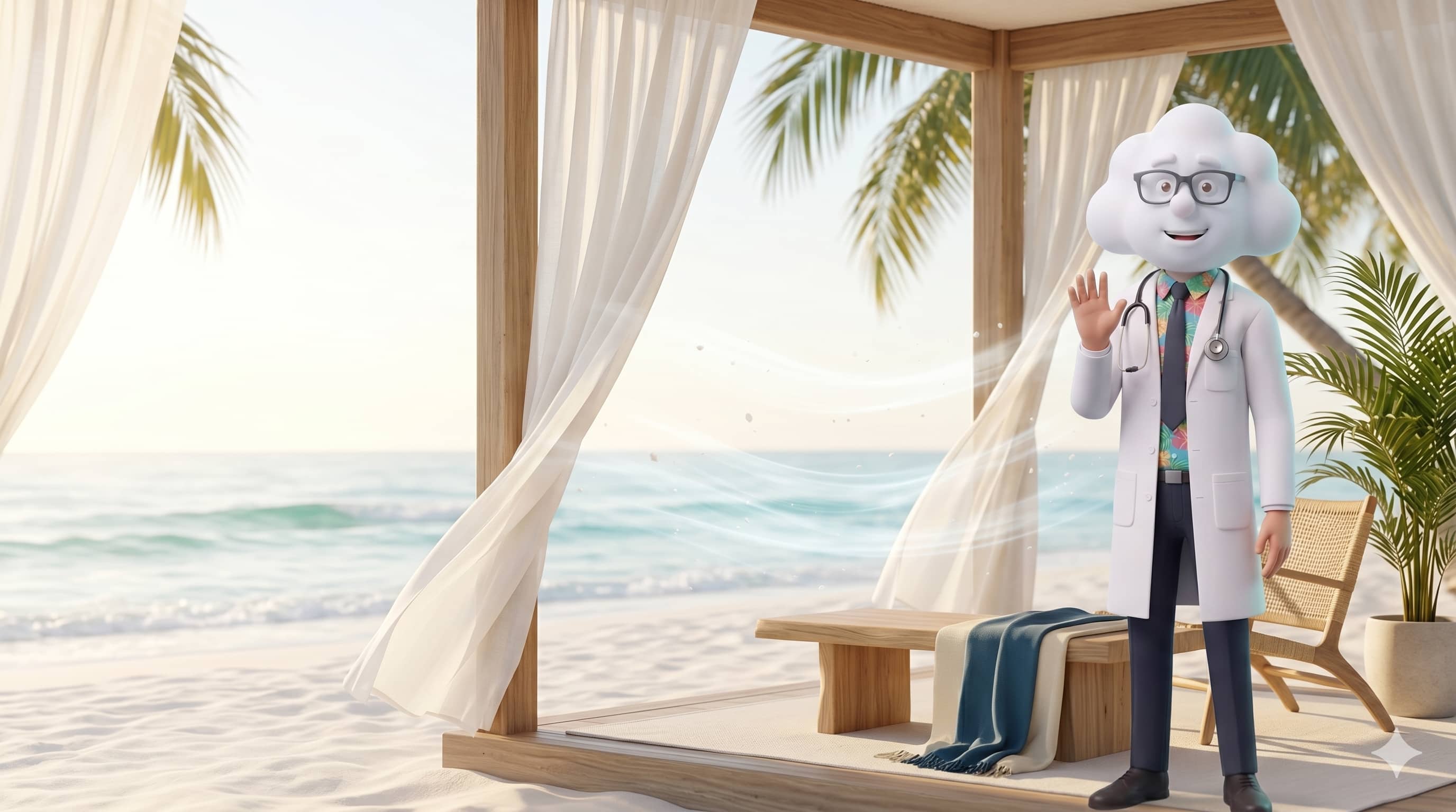 Doctor Merv waving from a breezy beachside cabana with white curtains and the ocean behind